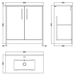 Juno 800mm Freestanding 2 Door Vanity Unit with Minimalist Ceramic Basin - Metallic Slate - Technical Drawing