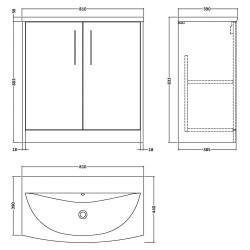 Juno 800mm Freestanding 2 Door Vanity Unit with Curved Ceramic Basin - Metallic Slate - Technical Drawing