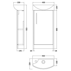Juno 440mm Compact RH Freestanding Vanity Unit and Basin - Metallic Slate - Technical Drawing