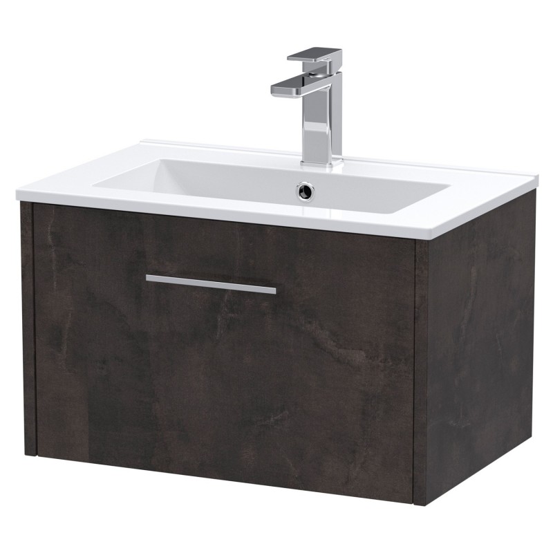 Juno 600mm Wall Hung 1 Drawer Vanity Unit with Minimalist Ceramic Basin - Metallic Slate Juno 600mm Wall Hung 1 Drawer Vanity Unit with Minimalist Ceramic Basin - Metallic Slate