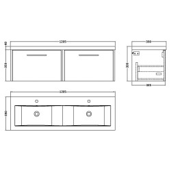 Juno 1200mm Wall Hung 2 Drawer Vanity Unit with Double Ceramic Basin - Metallic Slate - Technical Drawing