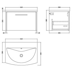 Juno 600mm Wall Hung 1 Drawer Vanity Unit with Curved Ceramic Basin - Metallic Slate - Technical Drawing