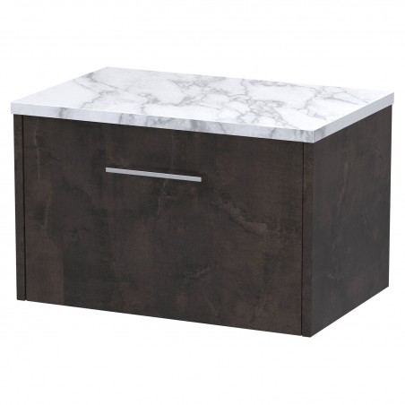 Juno 600mm Wall Hung 1 Drawer Vanity With Carrera Marble Laminate Worktop - Metallic Slate