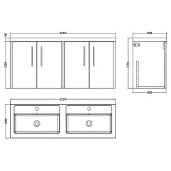 Juno 1200mm Wall Hung 4 Door Vanity Unit with Double Polymarble Basin - Metallic Slate - Technical Drawing