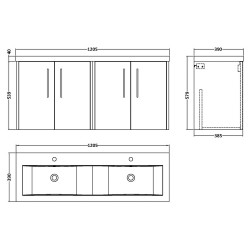 Juno 1200mm Wall Hung 4 Door Vanity Unit with Double Ceramic Basin - Metallic Slate - Technical Drawing