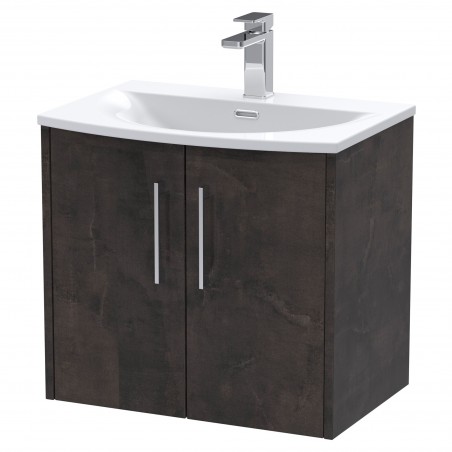 Juno 600mm Wall Hung 2 Door Vanity Unit with Curved Ceramic Basin - Metallic Slate