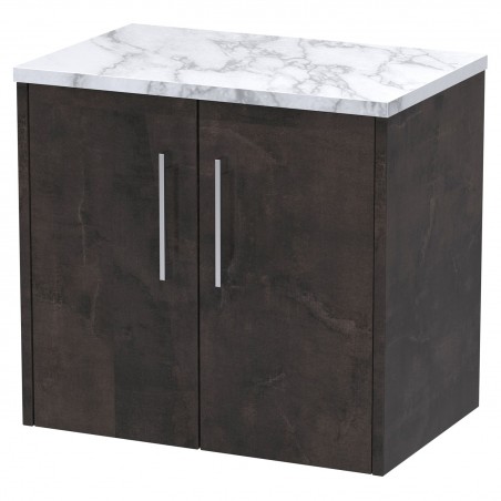 Juno 600mm Wall Hung 2 Door Vanity With Carrera Marble Laminate Worktop - Metallic Slate