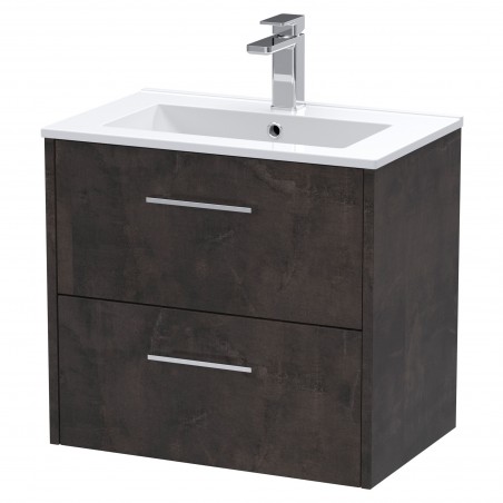 Juno 600mm Wall Hung 2 Drawer Vanity Unit with Minimalist Ceramic Basin - Metallic Slate