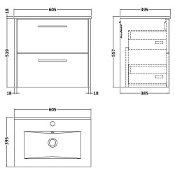 Juno 600mm Wall Hung 2 Drawer Vanity Unit with Minimalist Ceramic Basin - Metallic Slate - Technical Drawing