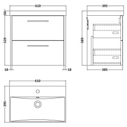 Juno 600mm Wall Hung 2 Drawer Vanity Unit with Thin-Edge Basin - Metallic Slate - Technical Drawing