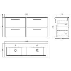 Juno 1200mm Wall Hung 4 Drawer Vanity Unit with Double Ceramic Basin - Metallic Slate - Technical Drawing