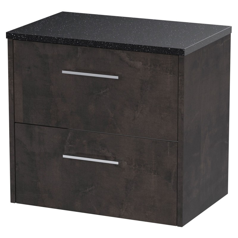 Juno 600mm Wall Hung 2 Drawer Vanity Unit with Sparkling Black Worktop - Metallic Slate Juno 600mm Wall Hung 2 Drawer Vanity Unit with Sparkling Black Worktop - Metallic Slate