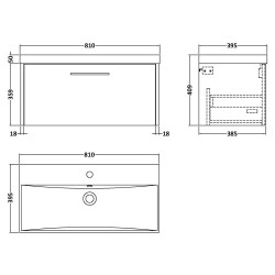 Juno 800mm Wall Hung 1 Drawer Vanity Unit with Thin-Edge Basin - Metallic Slate - Technical Drawing