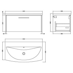 Juno 800mm Wall Hung 1 Drawer Vanity Unit with Curved Ceramic Basin - Metallic Slate - Technical Drawing