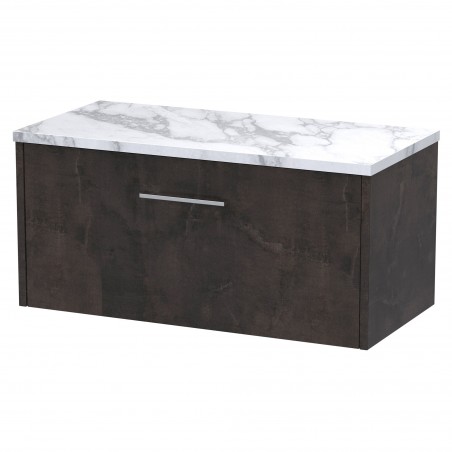 Juno 800mm Wall Hung 1 Drawer Vanity With Carrera Marble Laminate Worktop - Metallic Slate