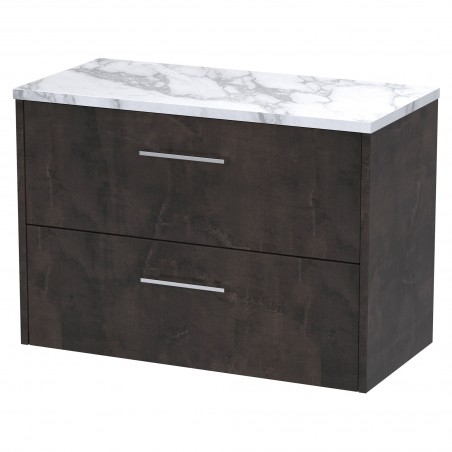 Juno 800mm Wall Hung 2 Drawer Vanity With Carrera Marble Laminate Worktop - Metallic Slate