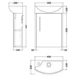 Juno 440mm Compact RH Wall Hung Vanity Unit and Basin - Metallic Slate - Technical Drawing