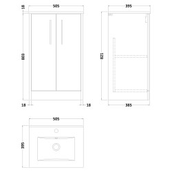 Juno 500mm Floor Standing 2 Door Vanity With Minimalist Ceramic Basin - Midnight Blue - Technical Drawing