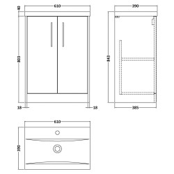 Juno 600mm Floor Standing 2 Door Vanity With Mid-Edge Ceramic Basin - Midnight Blue - Technical Drawing