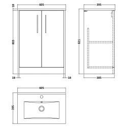 Juno 600mm Floor Standing 2 Door Vanity With Minimalist Ceramic Basin - Midnight Blue - Technical Drawing