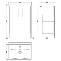 Juno 600mm Floor Standing 2 Door Vanity With Thin-Edge Ceramic Basin - Midnight Blue - Technical Drawing