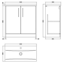 Juno 800mm Floor Standing 2 Door Vanity With Mid-Edge Ceramic Basin - Midnight Blue - Technical Drawing