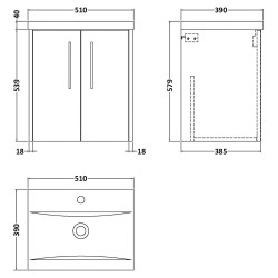 Juno 500mm Wall Hung 2 Door Vanity With Mid-Edge Ceramic Basin - Midnight Blue - Technical Drawing