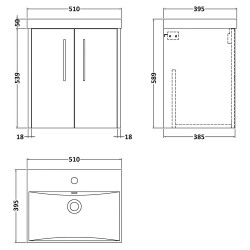 Juno 500mm Wall Hung 2 Door Vanity With Thin-Edge Ceramic Basin - Midnight Blue - Technical Drawing