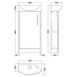 Juno 440mm Floor Standing 1-Door Unit & 1 Tap Hole Basin Left Handed - Midnight Blue - Technical Drawing