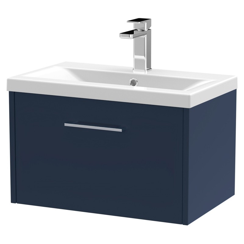Juno 600mm Wall Hung 1 Drawer Vanity With Mid-Edge Ceramic Basin - Midnight Blue Juno 600mm Wall Hung 1 Drawer Vanity With Mid-Edge Ceramic Basin - Midnight Blue