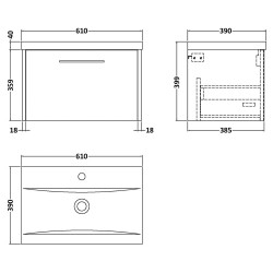 Juno 600mm Wall Hung 1 Drawer Vanity With Mid-Edge Ceramic Basin - Midnight Blue - Technical Drawing