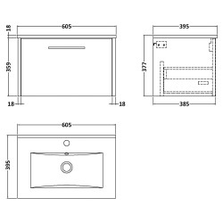 Juno 600mm Wall Hung 1 Drawer Vanity With Minimalist Ceramic Basin - Midnight Blue - Technical Drawing