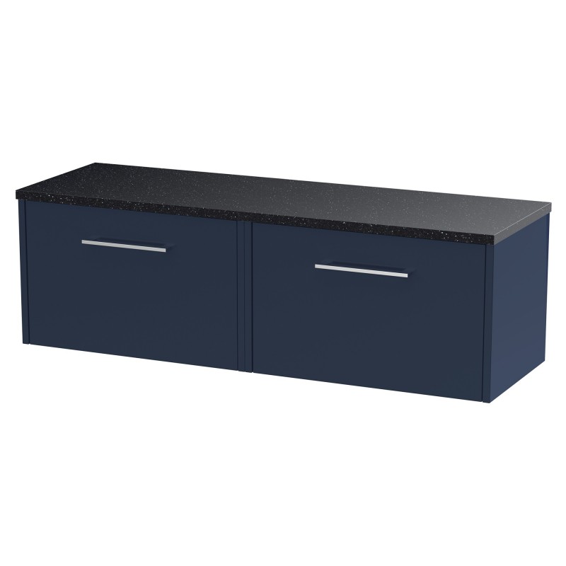 Juno 1200mm Wall Hung 2 Drawer Vanity With Black Sparkle Laminate Worktop - Midnight Blue Juno 1200mm Wall Hung 2 Drawer Vanity With Black Sparkle Laminate Worktop - Midnight Blue