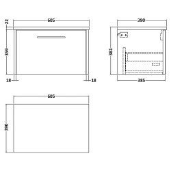 Juno 600mm Wall Hung 1 Drawer Vanity With White Sparkle Laminate Worktop - Midnight Blue - Technical Drawing