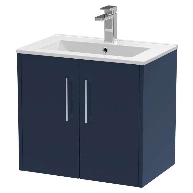 Juno 600mm Wall Hung 2 Door Vanity With Minimalist Ceramic Basin - Midnight Blue Juno 600mm Wall Hung 2 Door Vanity With Minimalist Ceramic Basin - Midnight Blue