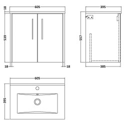 Juno 600mm Wall Hung 2 Door Vanity With Minimalist Ceramic Basin - Midnight Blue - Technical Drawing