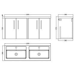 Juno 1200mm Wall Hung 4 Door Vanity With Double Basin - Midnight Blue - Technical Drawing