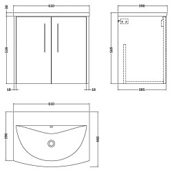 Juno 600mm Wall Hung 2 Door Vanity With Curved Ceramic Basin - Midnight Blue - Technical Drawing
