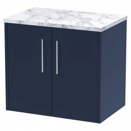 Juno 600mm Wall Hung 2 Door Vanity With Carrera Marble Laminate Worktop - Midnight Blue