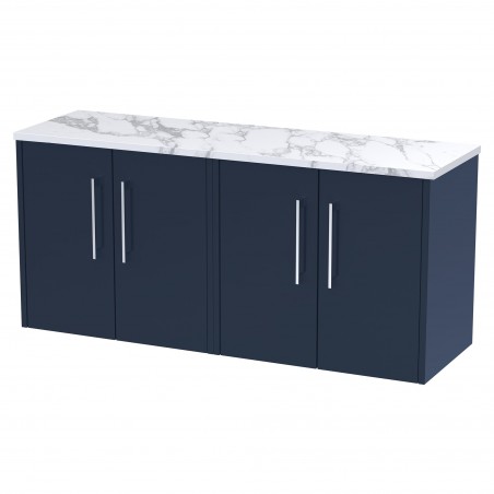 Juno 1200mm Wall Hung 4 Door Vanity With Carrera Marble Laminate Worktop - Midnight Blue