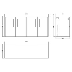 Juno 1200mm Wall Hung 4 Door Vanity With Black Sparkle Laminate Worktop - Midnight Blue - Technical Drawing