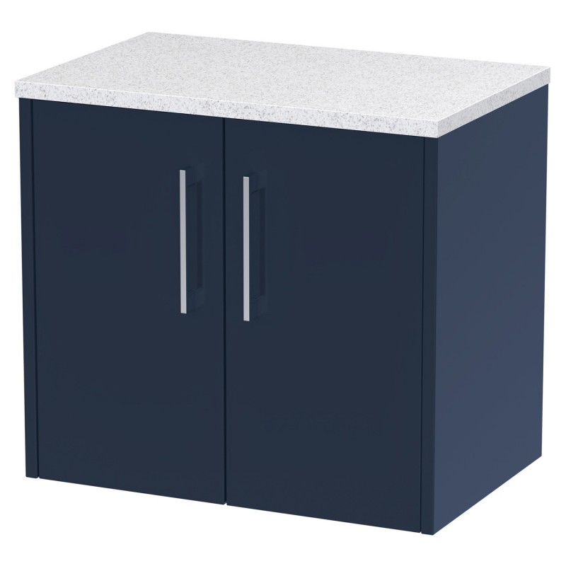 Juno 600mm Wall Hung 2 Door Vanity With White Sparkle Laminate Worktop - Midnight Blue Juno 600mm Wall Hung 2 Door Vanity With White Sparkle Laminate Worktop - Midnight Blue