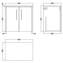 Juno 600mm Wall Hung 2 Door Vanity With White Sparkle Laminate Worktop - Midnight Blue - Technical Drawing