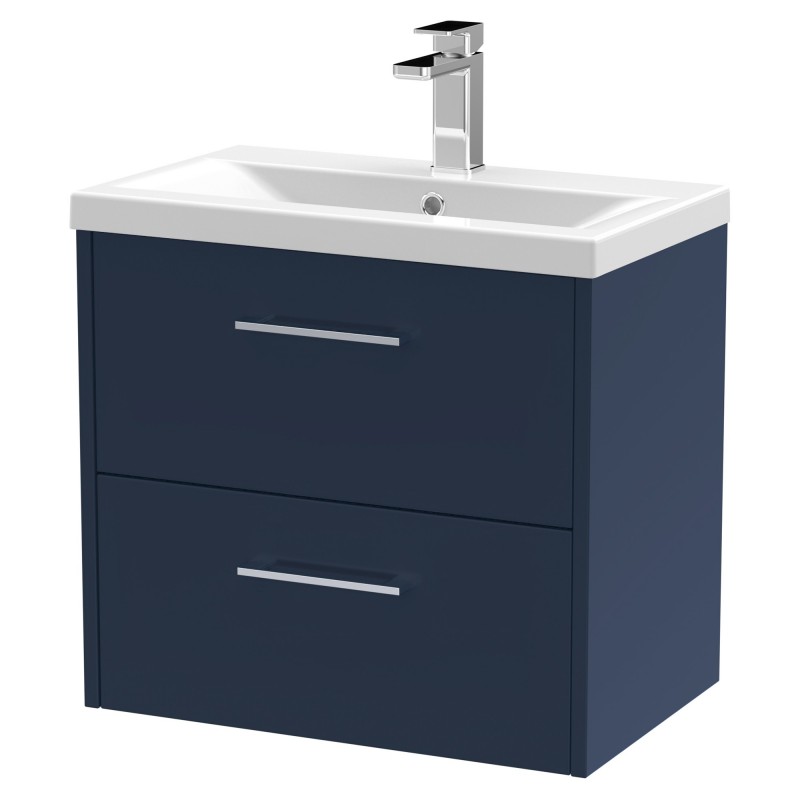 Juno 600mm Wall Hung 2 Drawer Vanity With Mid-Edge Ceramic Basin - Midnight Blue Juno 600mm Wall Hung 2 Drawer Vanity With Mid-Edge Ceramic Basin - Midnight Blue