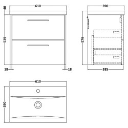 Juno 600mm Wall Hung 2 Drawer Vanity With Mid-Edge Ceramic Basin - Midnight Blue - Technical Drawing