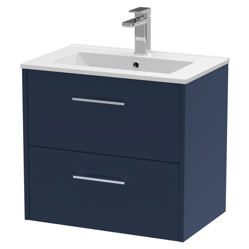 Juno 600mm Wall Hung 2 Drawer Vanity With Minimalist Ceramic Basin - Midnight Blue Juno 600mm Wall Hung 2 Drawer Vanity With Minimalist Ceramic Basin - Midnight Blue
