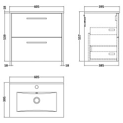 Juno 600mm Wall Hung 2 Drawer Vanity With Minimalist Ceramic Basin - Midnight Blue - Technical Drawing