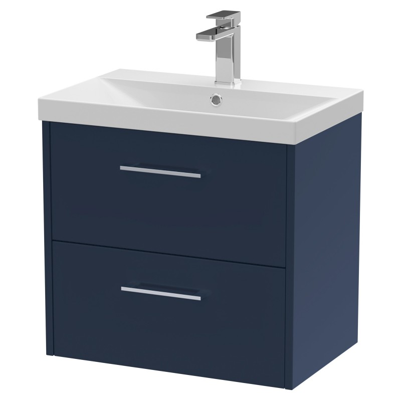 Juno 600mm Wall Hung 2 Drawer Vanity With Thin-Edge Ceramic Basin - Midnight Blue Juno 600mm Wall Hung 2 Drawer Vanity With Thin-Edge Ceramic Basin - Midnight Blue
