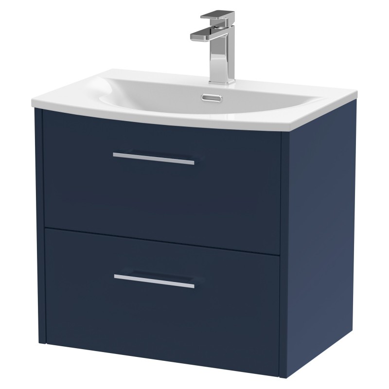 Juno 600mm Wall Hung 2 Drawer Vanity With Curved Ceramic Basin - Midnight Blue Juno 600mm Wall Hung 2 Drawer Vanity With Curved Ceramic Basin - Midnight Blue
