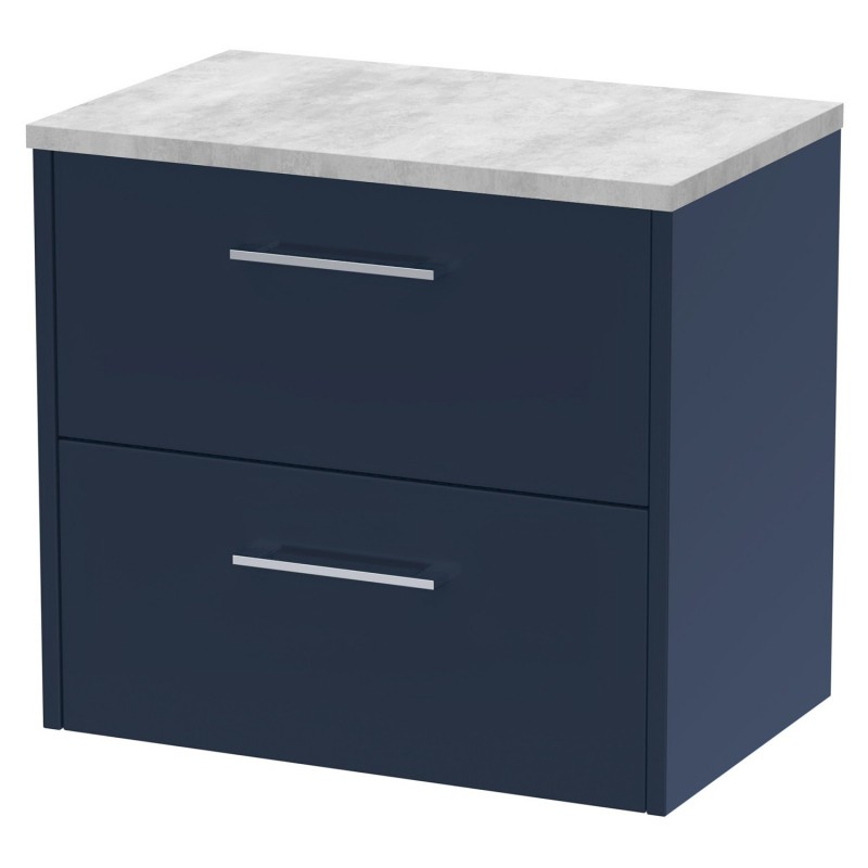 Juno 600mm Wall Hung 2 Drawer Vanity With Bellato Grey Laminate Worktop - Midnight Blue Juno 600mm Wall Hung 2 Drawer Vanity With Bellato Grey Laminate Worktop - Midnight Blue